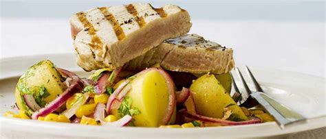 grilled-tuna-with-warm-potato-and-sweetcorn-salad-olive-magazine image