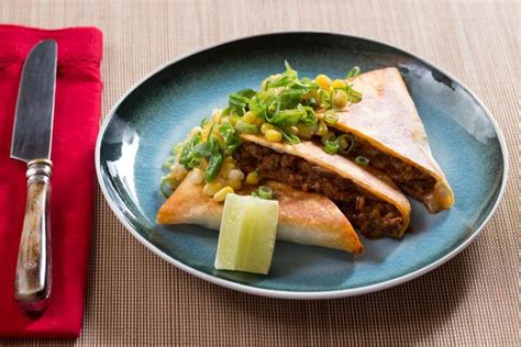 mexican-beef-quesadillas-with-creamy-corn-shishito image