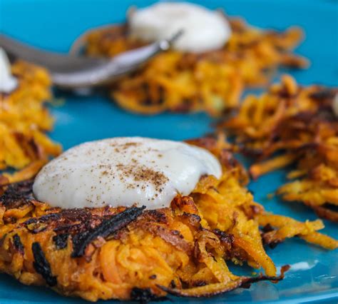 curry-sweet-potato-latkes-with-maple-greek-yogurt image