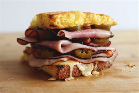 ham-and-cheese-cornbread-sandwich-with-pickled image