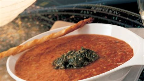chilled-roasted-tomato-soup-with-pesto-recipe-bon image