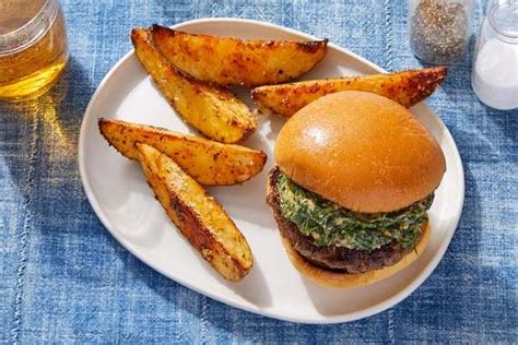 creamy-spinach-beef-burgers-with-roasted-potato-wedges-blue image