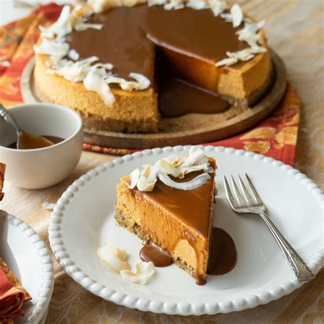 pumpkin-coconut-cheesecake-with-dulce-de-leche-glaze image