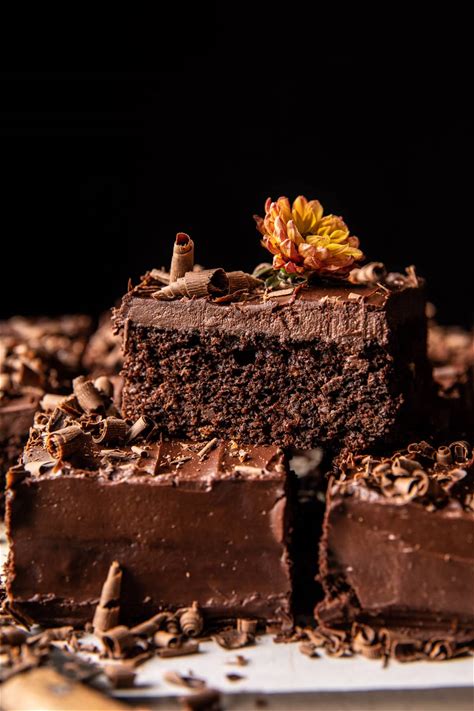 fudge-frosted-chocolate-olive-oil-sheet-cake-half image