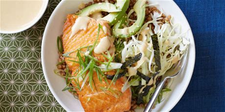 wheat-berry-bowl-with-salmon-and-miso-sauce-food image