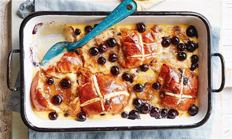 lemon-blueberry-hot-cross-bread-and-butter-pudding image