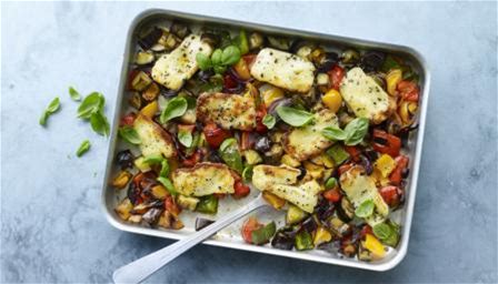 one-pan-halloumi-veggie-traybake-recipe-bbc-food image