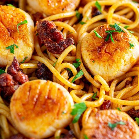 seared-scallop-chorizo-pasta-sprinkles-and-sprouts image