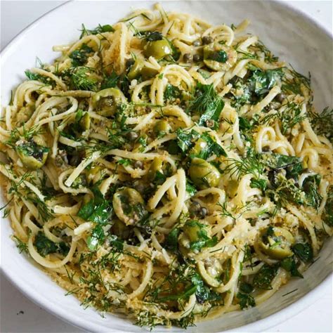 pasta-with-green-olives-capers-and-fresh-herbs image