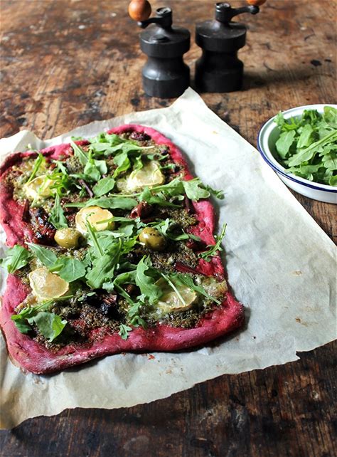 beet-pizza-with-beet-leaf-pesto-veggie image