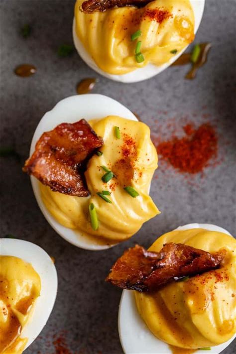 dijon-mustard-deviled-eggs-with-bacon-the-food image