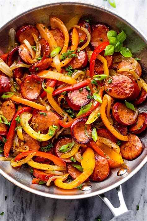 smoked-sausage-and-peppers-with-onions-skillet image