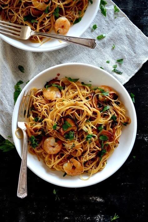 soy-sauce-butter-pasta-with-shrimp-and-shiitakes image