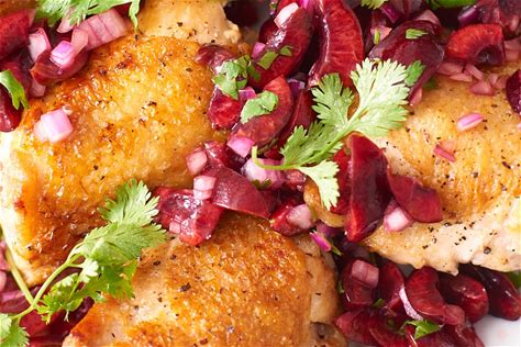 crispy-chicken-thighs-with-fresh-cherry-salsa-kitchn image
