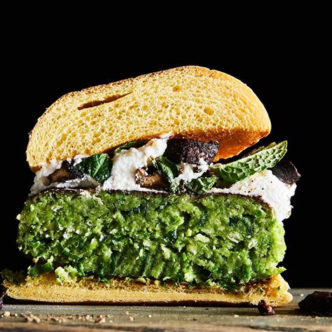 green-pea-burgers-with-ricotta-crispy-mushrooms image