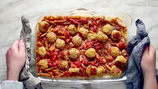 no-boil-baked-penne-with-meatballs-recipe-pinch-of-yum image