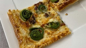 fiddlehead-pizza-and-fiddlehead-fritters-pizza image