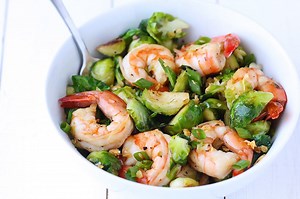 honey-sesame-shrimp-brussels-sprouts-stir-fry image