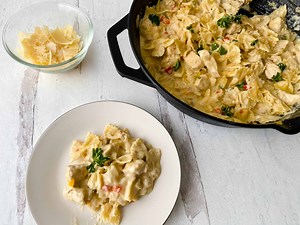 the-easiest-garlic-parmesan-chicken-with-bow-tie-pasta image