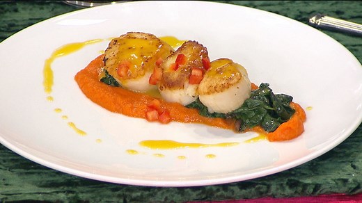 seared-scallops-with-carrot-ginger-pure-and-citrus image